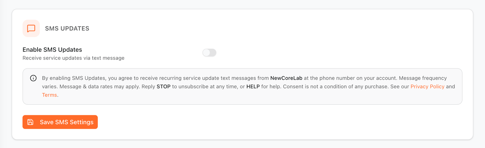 QCall account settings SMS Updates section showing the Enable SMS Updates opt-in toggle (off by default) and the full consent disclosure with message frequency, msg and data rates, and STOP/HELP instructions